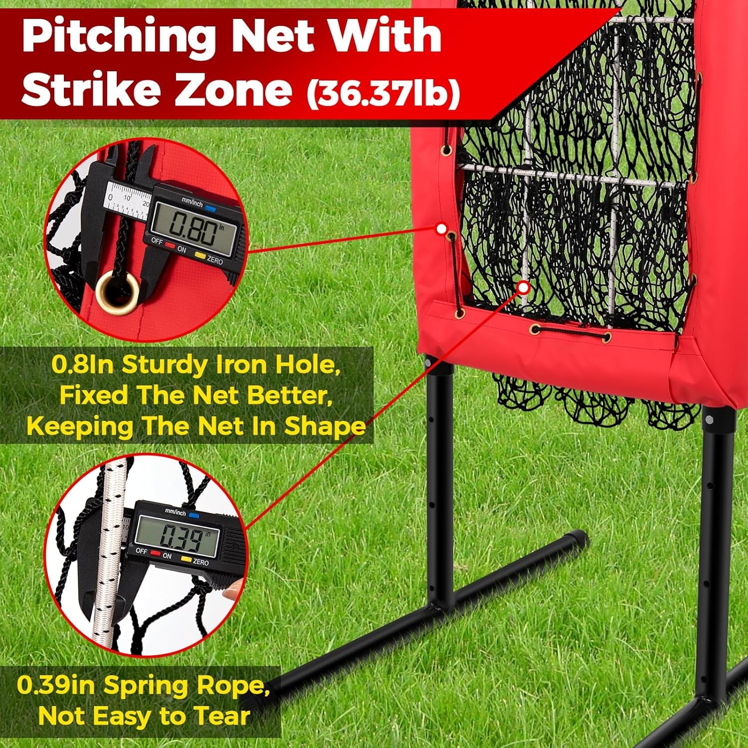 Heavy Duty 9 Hole Pitching Net with Strike Zone,9 Pocket Pitching Target Net of 4 Adjustable Heights (36-53In),Softball Pitching Net Fix by 8Xspikes and 2Xsandbags, Pitching Target Net for All Age