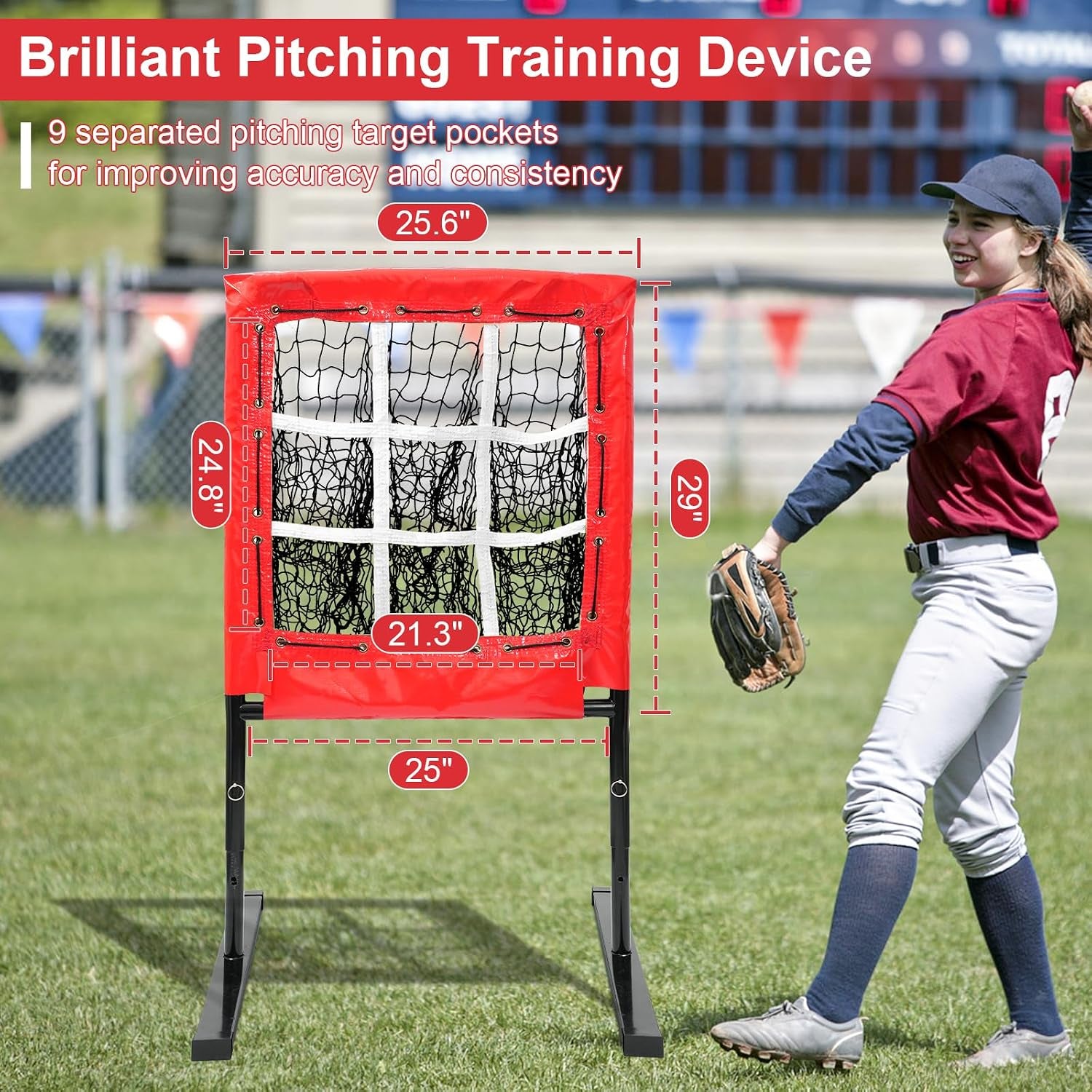 9 Hole Pitching Net, Baseball Pitching Net with Strike Zone, Solid Softball Pitching Net, Adjustable Heights Softball Baseball Training Equipment for Hitting and Pitching