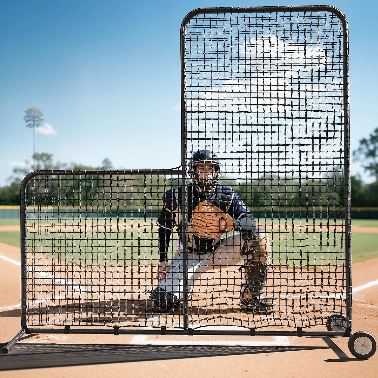 6X6Ft/7X7Ft Baseball L Screen with Wheels for Batting Cage, Pitcher Protector Net for Pitchers Protection, Includes Portable Carry Bag, 4 Ground Stakes