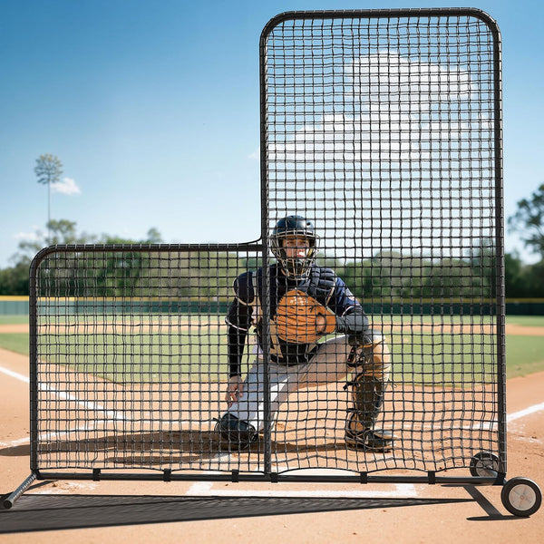 6X6Ft/7X7Ft Baseball L Screen with Wheels for Batting Cage, Pitcher Protector Net for Pitchers Protection, Includes Portable Carry Bag, 4 Ground Stakes