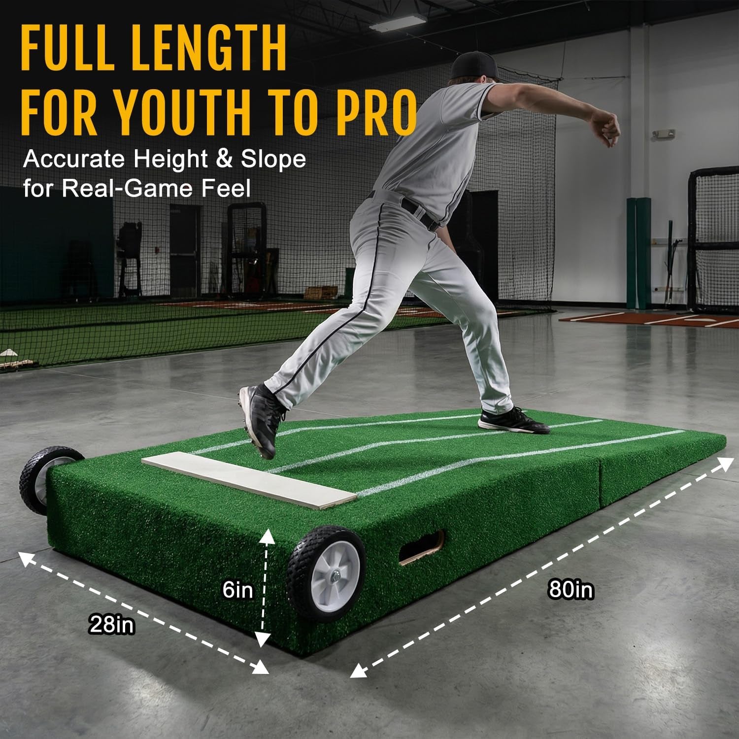 Baseball Pitching Mound with Stride Lines, Portable Pitchers Mound with Pitching Rubber and Anti-Fade Turf - 80 X 28 X 6 Inches