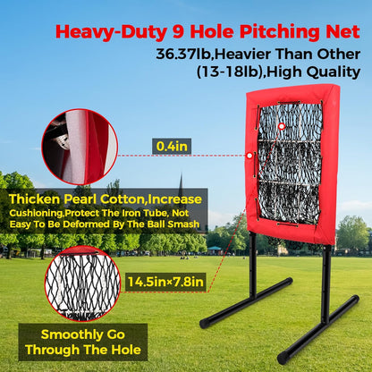Heavy Duty 9 Hole Pitching Net with Strike Zone,9 Pocket Pitching Target Net of 4 Adjustable Heights (36-53In),Softball Pitching Net Fix by 8Xspikes and 2Xsandbags, Pitching Target Net for All Age